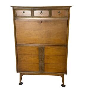 Vintage 1960s Bassett Mayan Walnut Secretary Desk Highboy Mid Century Modern